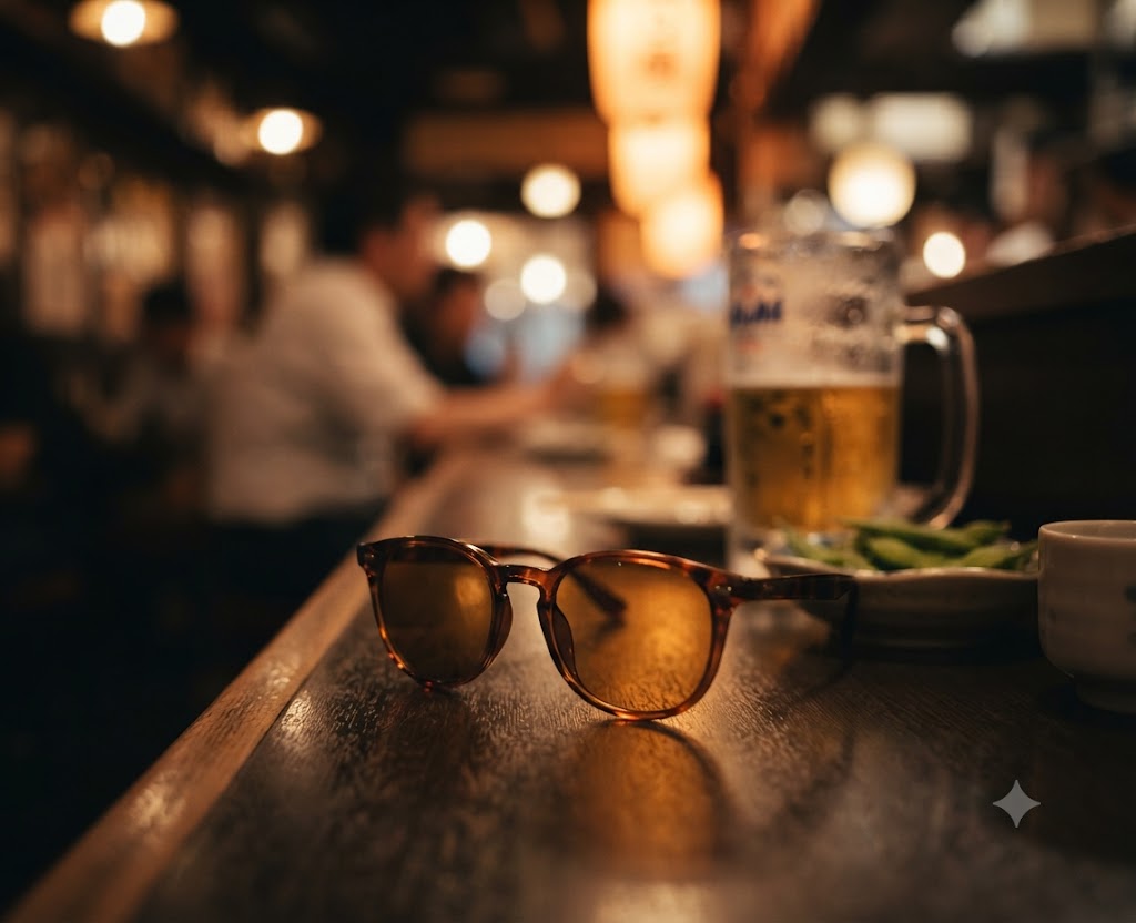 飲み会のテーブルに置かれたスティックタイト付きのサングラス