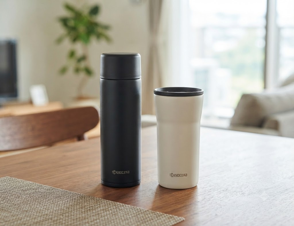 白い背景の上に、ブラックのCERAMUGボトルとクリームホワイトのCERAMUGタンブラーが並んで立っている。