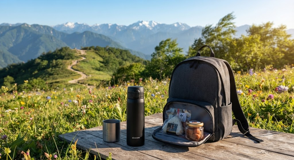 自然豊かな山並みを背景に、木製のテーブルの上に置かれた京セラCERAMUGシリーズ(ブラックのボトルとダークグレーのリュック)と、中身の入った保存容器。