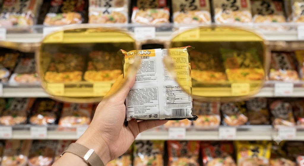 サングラス越しに原材料表示を確認している様子