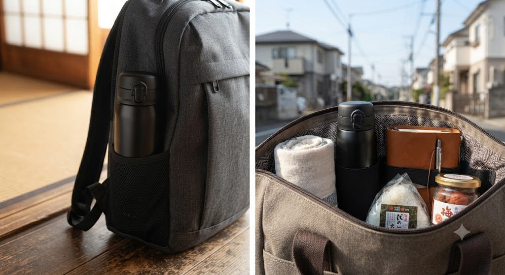 炭色のトラベルリュックサック。サイドのメッシュポケットに、黒い京セラCERAMUG 500mlボトル(ワンタッチ栓)がしっかりと収まっている。