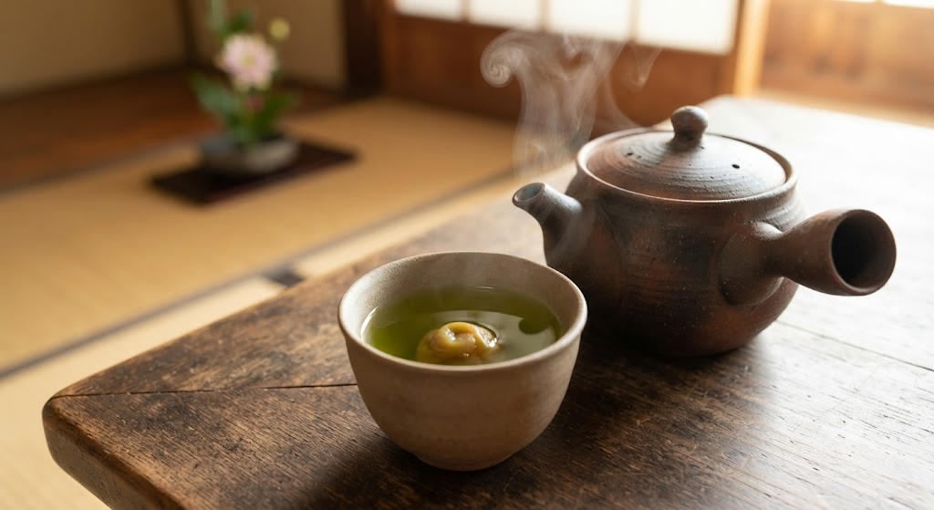 昔ながらの日本の風景。木製のテーブルに急須と、梅干しが入った緑茶の湯呑みが置かれている。
